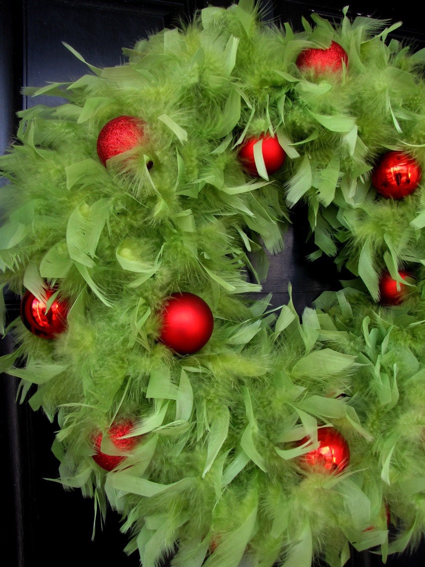 Christmas Wreath - Lime Green Feather Wreath with Red Ornaments