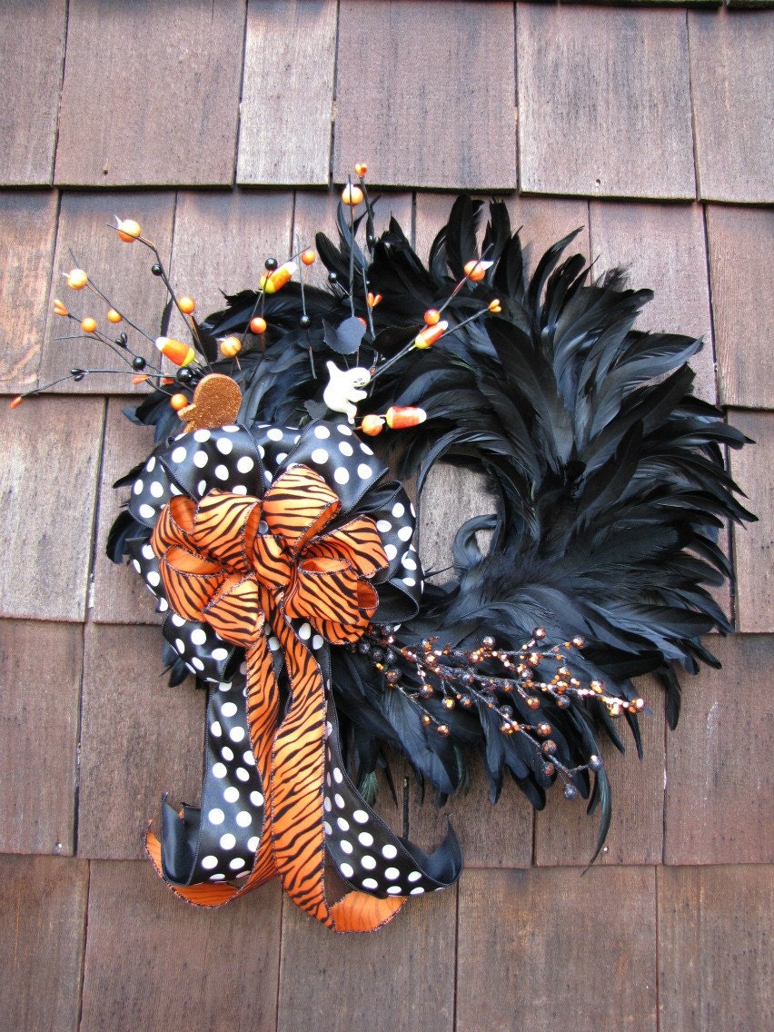Sassy Black and Orange Halloween Feather Wreath
