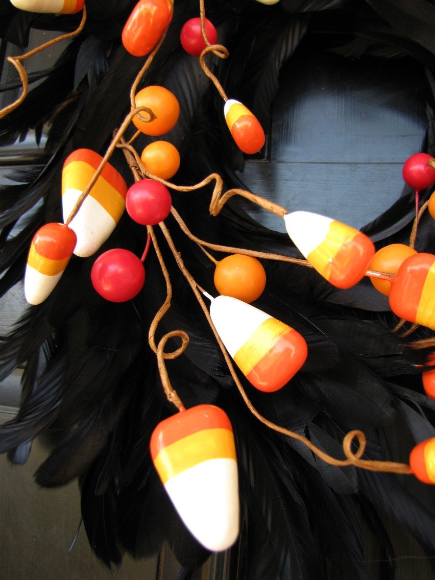 Halloween Black Feather Wreath- Candy Corn Galore - 