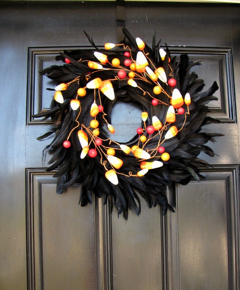 Halloween Black Feather Wreath- Candy Corn Galore - 
