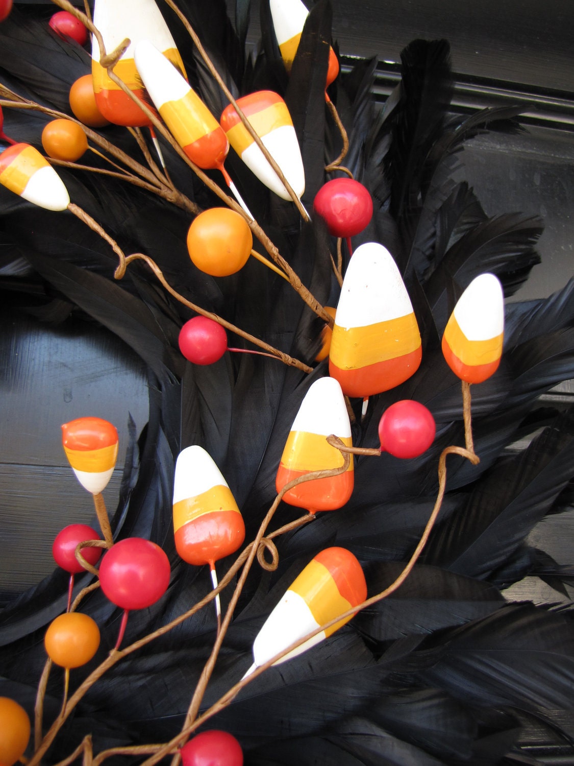 Halloween Black Feather Wreath- Candy Corn Galore - 