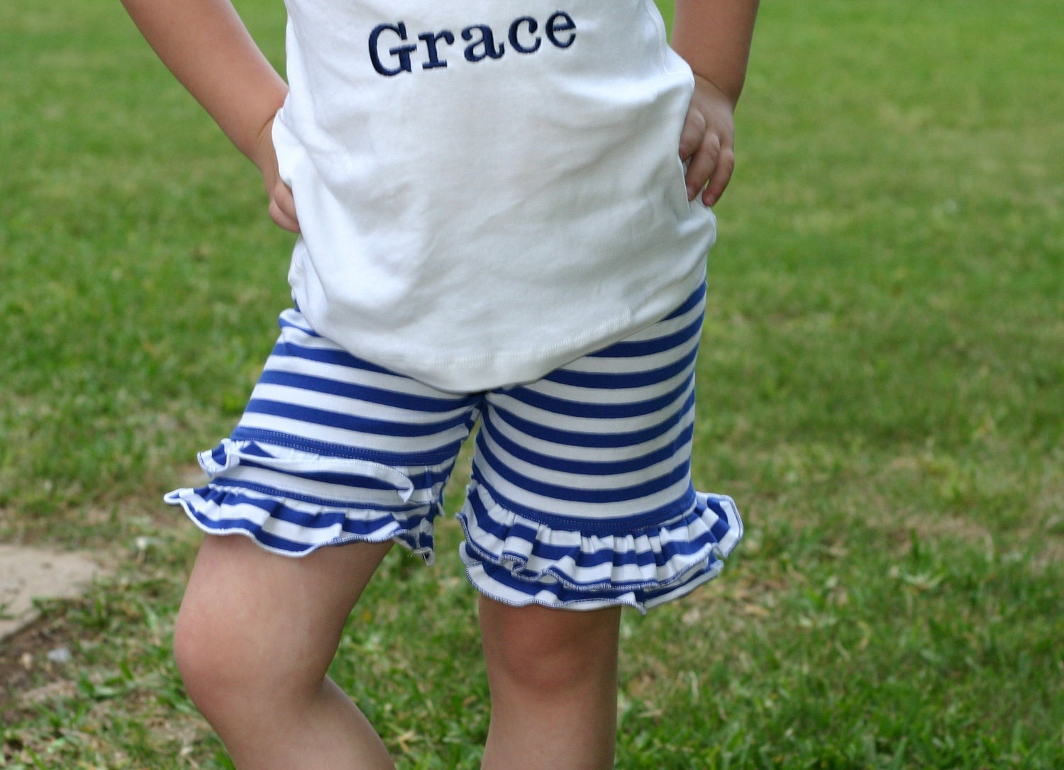 royal blue and white stripe knit double ruffle shorts shorties sizes 12m - 8 girls patriotic 4th of July