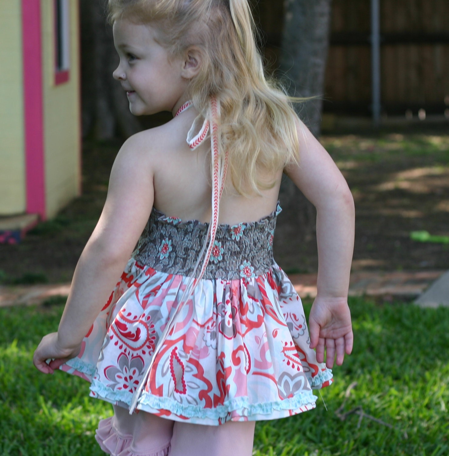 Boutique style halter tie top ruffles Riley Blake vintage look fabrics sizes 18m - 8 girls peach, cream, turquoise