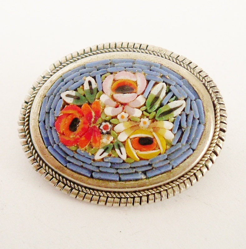 Antique micromosaic brooch Italian souvenir silver plated