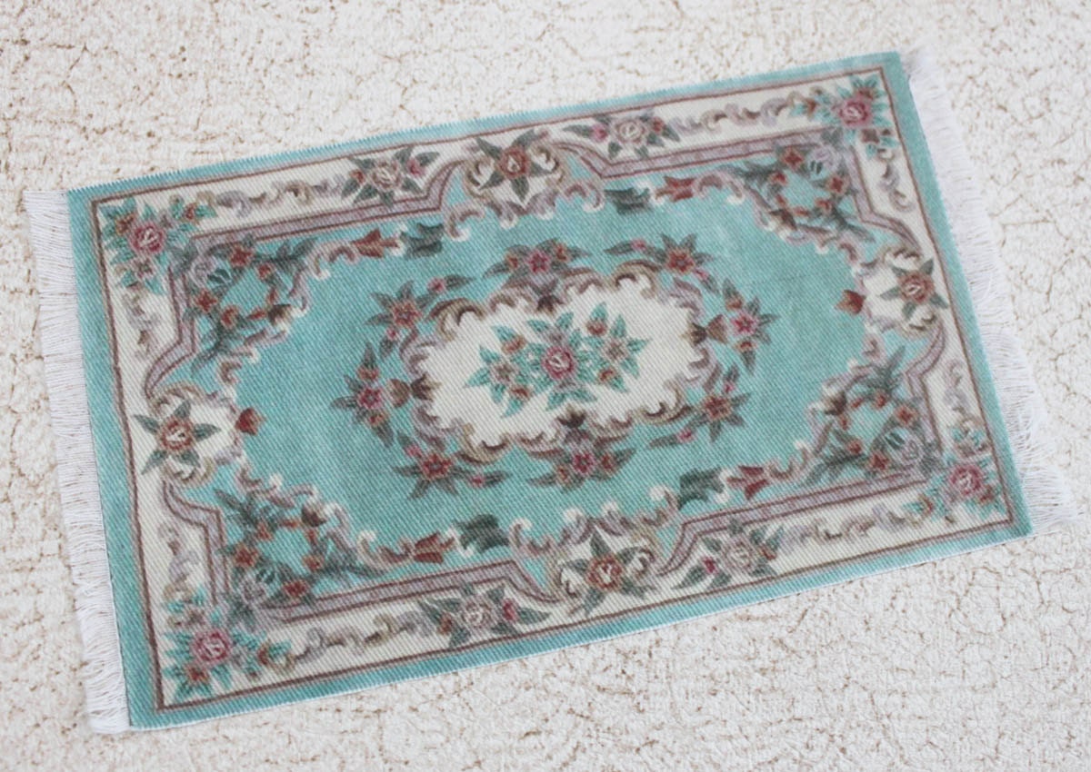 Miniature Shabby Aqua Fringed Rug One Twelfth Scale