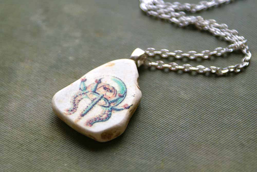 Beach Pottery Pendant with Vintage Jellyfish Illustration -- Handmade in Ireland