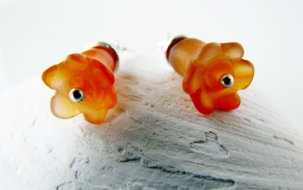Exotic Blossom Earrings - gorgeous opaque golden honey orange carved carnelian nicely banded citris colors handmade by me - StoneSavvyJewelry