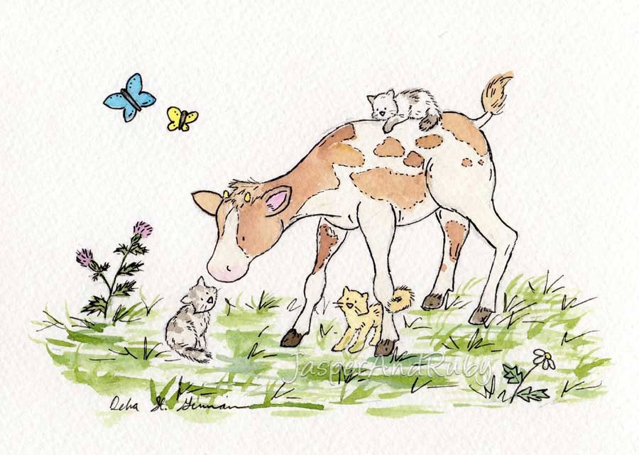 Farm Nursery Art- Cow and Cats - 8X10 Archival PRINT for Children and Baby