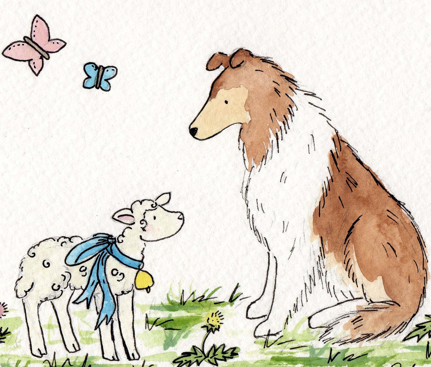 Collie and Lamb  5X7 Archival PRINT- Nursery Wall Art