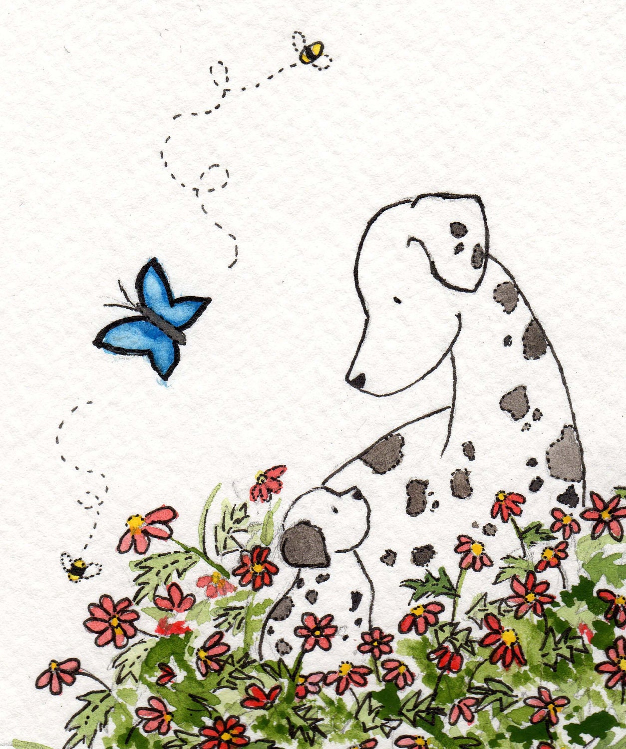 Dalmation Art Print- Dalmations in the Daisies- Nursery Wall Art- 5X7 Archival Print