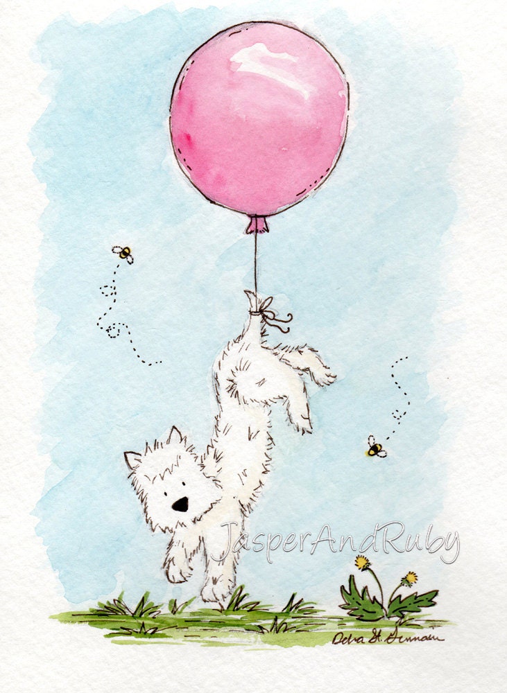 Westie Dog Children's Wall Art- Carried Away Westie- 8X10 Archival PRINT- Terrier with Pink Balloon