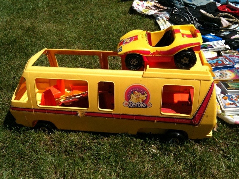 Items similar to Barbie Motorhome Camper and Jeep set Yellow and large 70s Furniture included