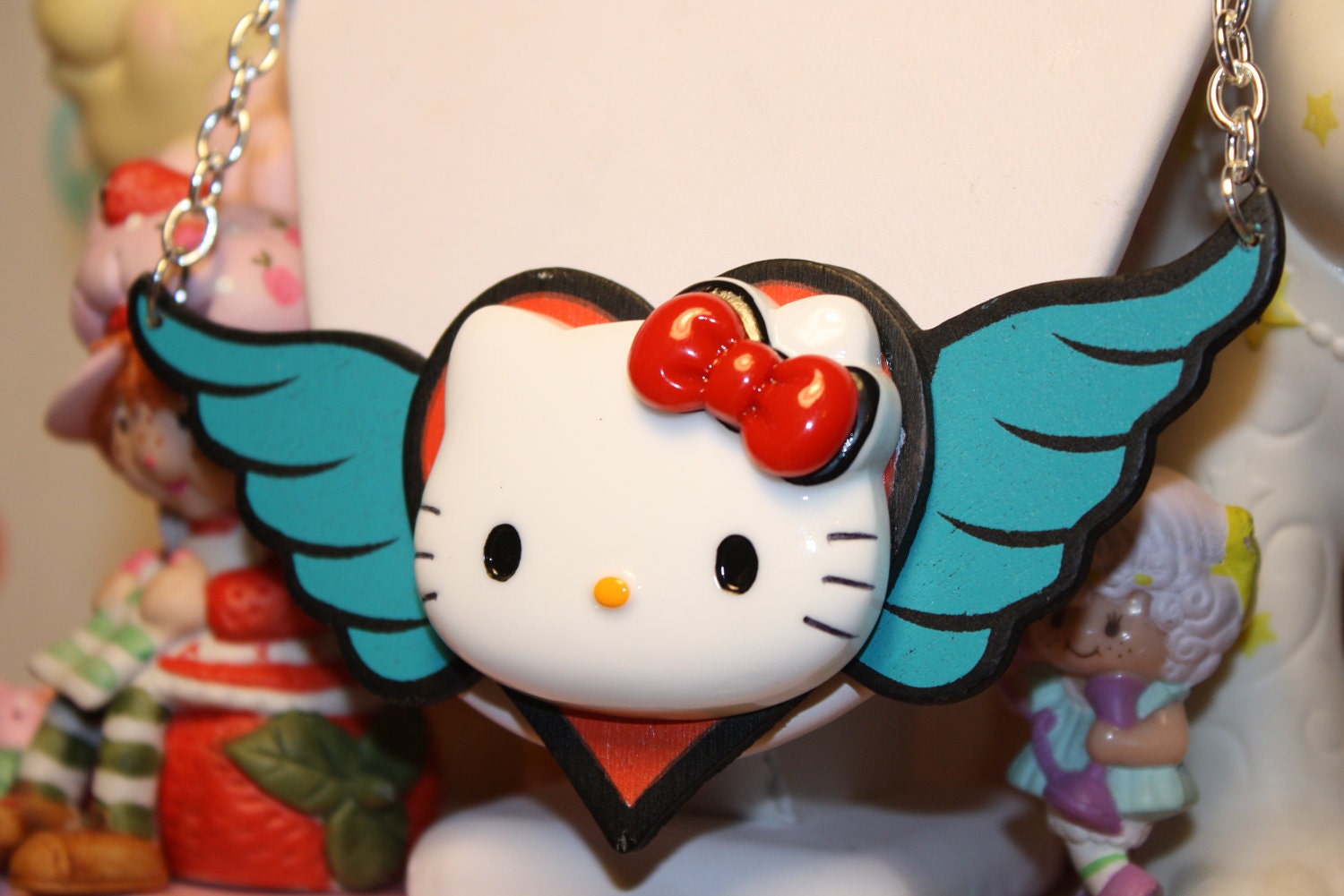Hello Kitty Angel Necklace Big Head with Red Bow and BLue wood Winged Pendant