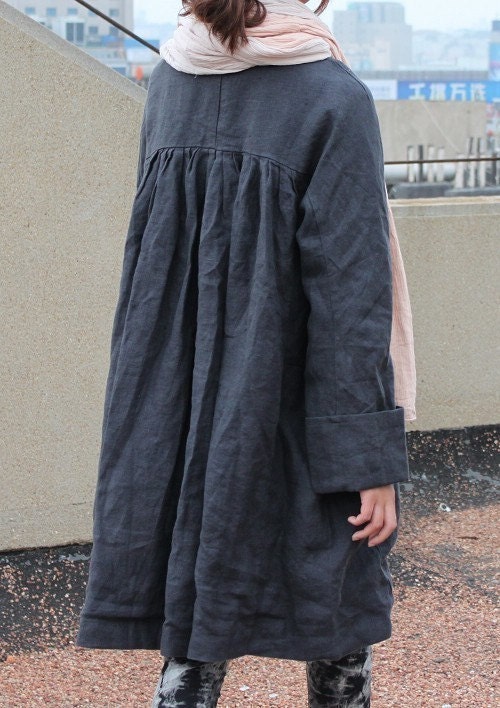 Free Style Pleated Linen Long Jacket/ Cape/ Black