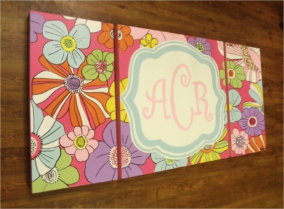 large colorful nursery art- personalized triptych - name monogram initials- hand painted- M2M bedding or decor
