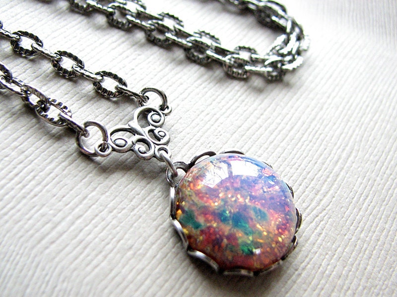 Fire Opal Pendant, Glass Fire Opal Necklace, Antiqued Silver Chain, Romantic Jewelry, October Birthstone