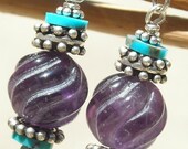 Carved Amethyst and Turquoise Sterling Silver Earrings