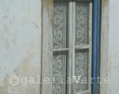 Blue and white window photo print - White crochet and blue - fine art photography - europeanstreetteam
