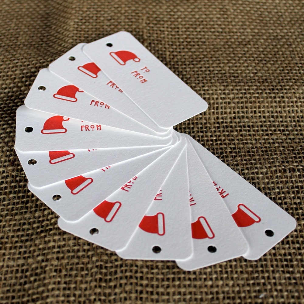 letterpress gift tags (set of 10) - red Santa hat
