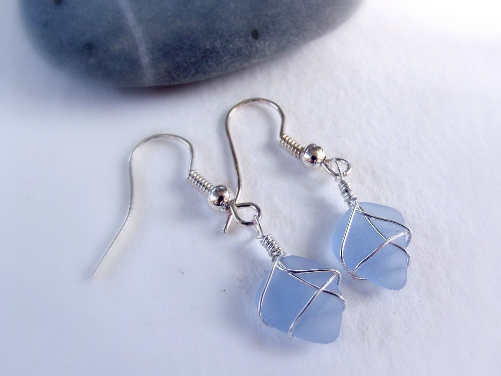 Wire wrapped blue sea glass earrings from Spain