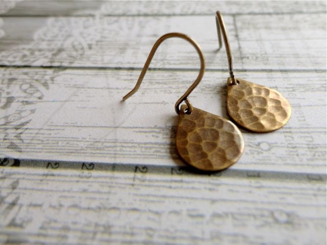 A Rumble of Thunder rustic hammered antiqued brass raindrop earrings, tear drop brass