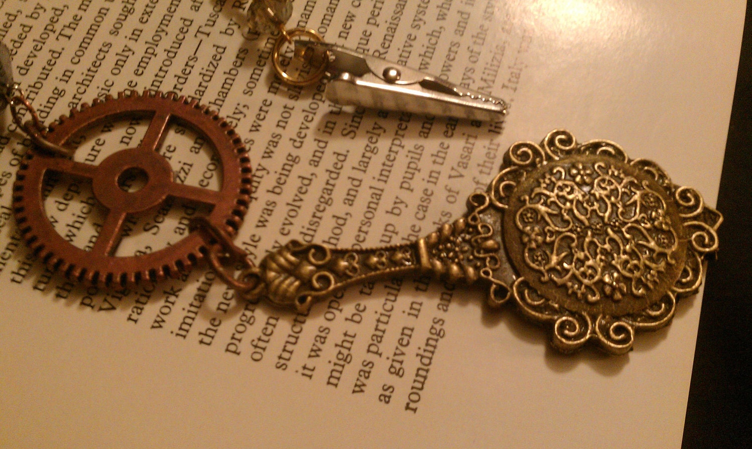 SALE Steampunk Clock Gear Mirror Necklace - Antique Mini mirror Charm Large sprocket gear rhinestone glass beads pocket clip charm necklace