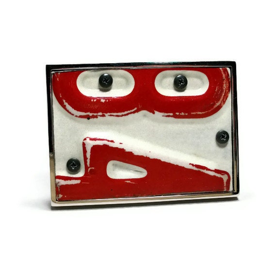 License Plate Belt Buckle Red White Unisex