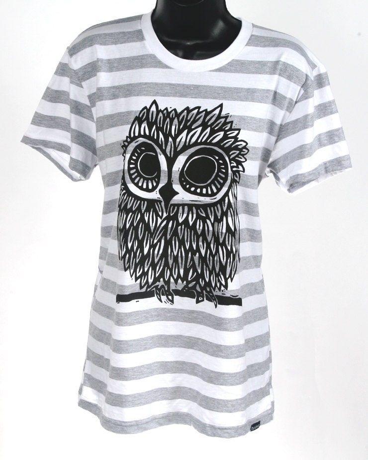 Owl on Heather Grey and White Stripe Womens American Apparel Shirt