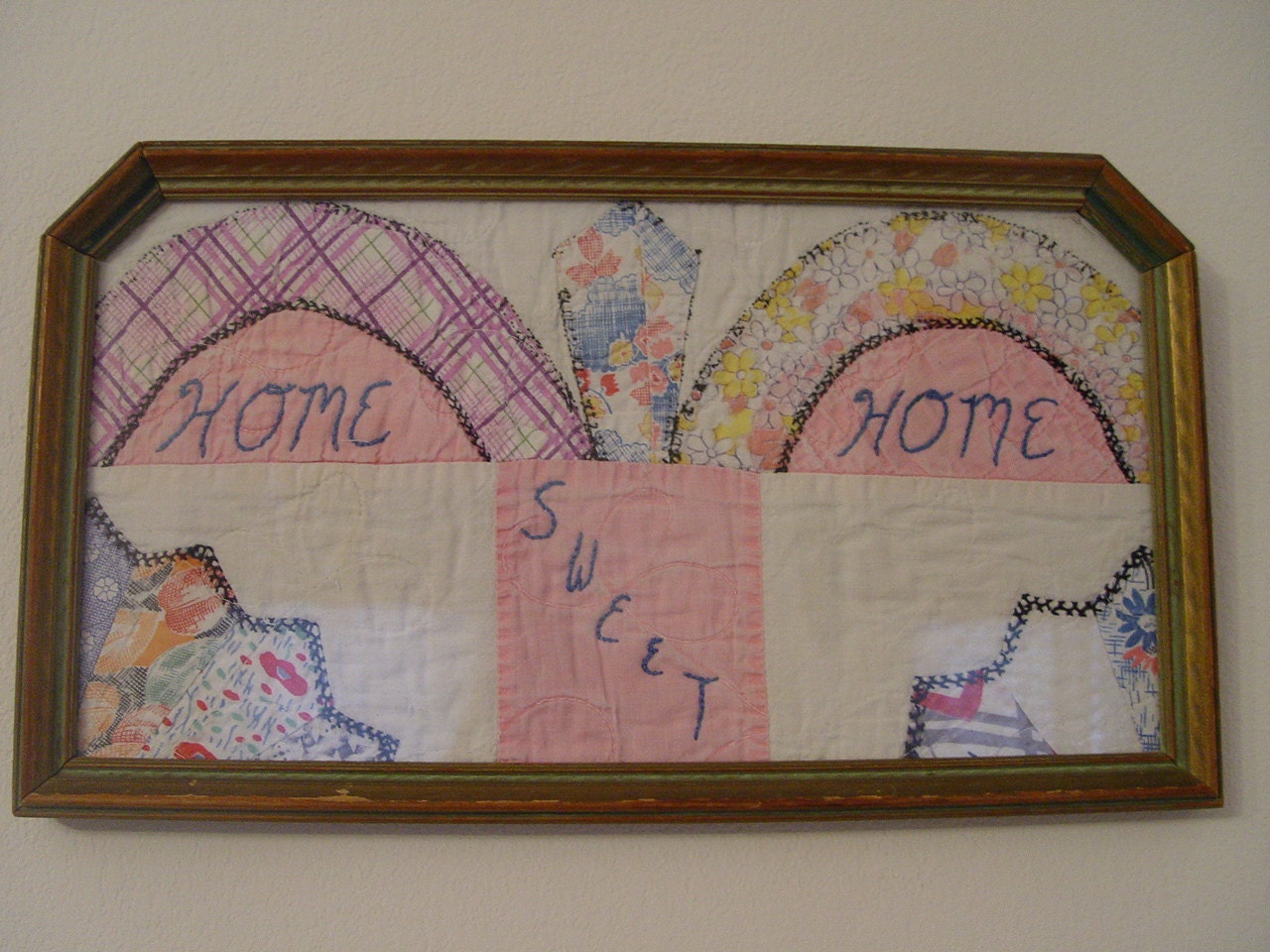 Sweet upcycled Hand Embroidered Cutter Quilt Picture in vintage frame home sweet home