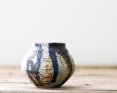 Small Vintage Pottery Vase, Gray with Blue and Brown Abstract Design