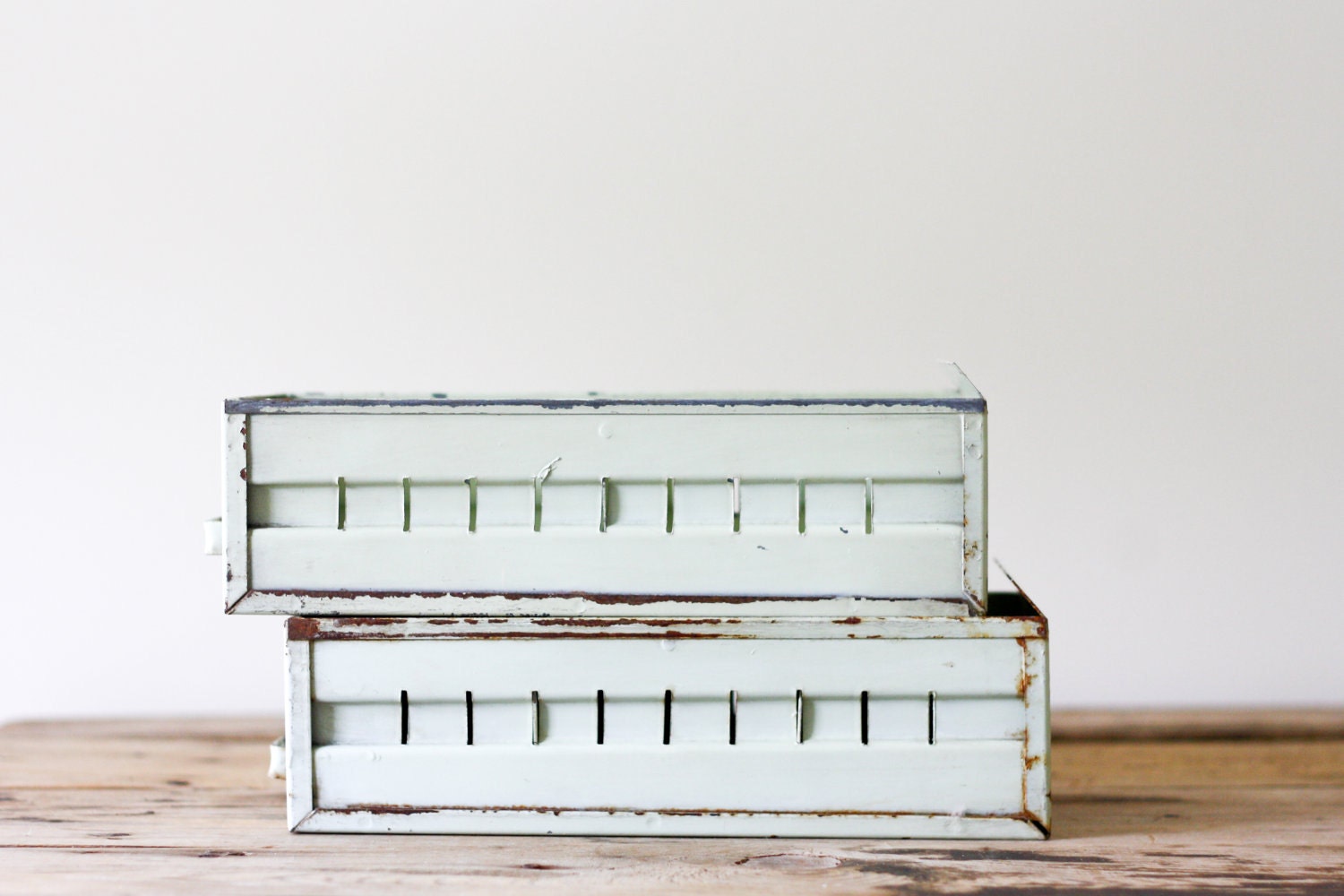 RESERVED for Michelle Mint Green Vintage Industrial Metal File Drawers, Set of Two