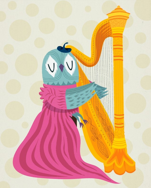 iOTA iLLUSTRATION - The Owl Harpist - Animal Art Limited Edition Print