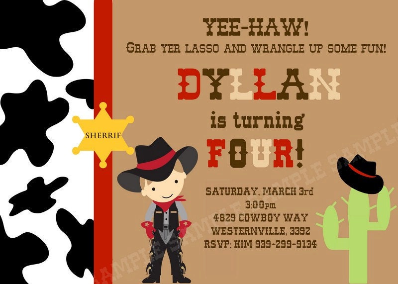 COWBOY INVITATION Birthday party With Western Cowboy, Cowboy Hat, Cactus and Cow print printable