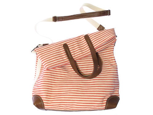 Workhorse bag in bright coral striped cotton/linen fabric with leather trim