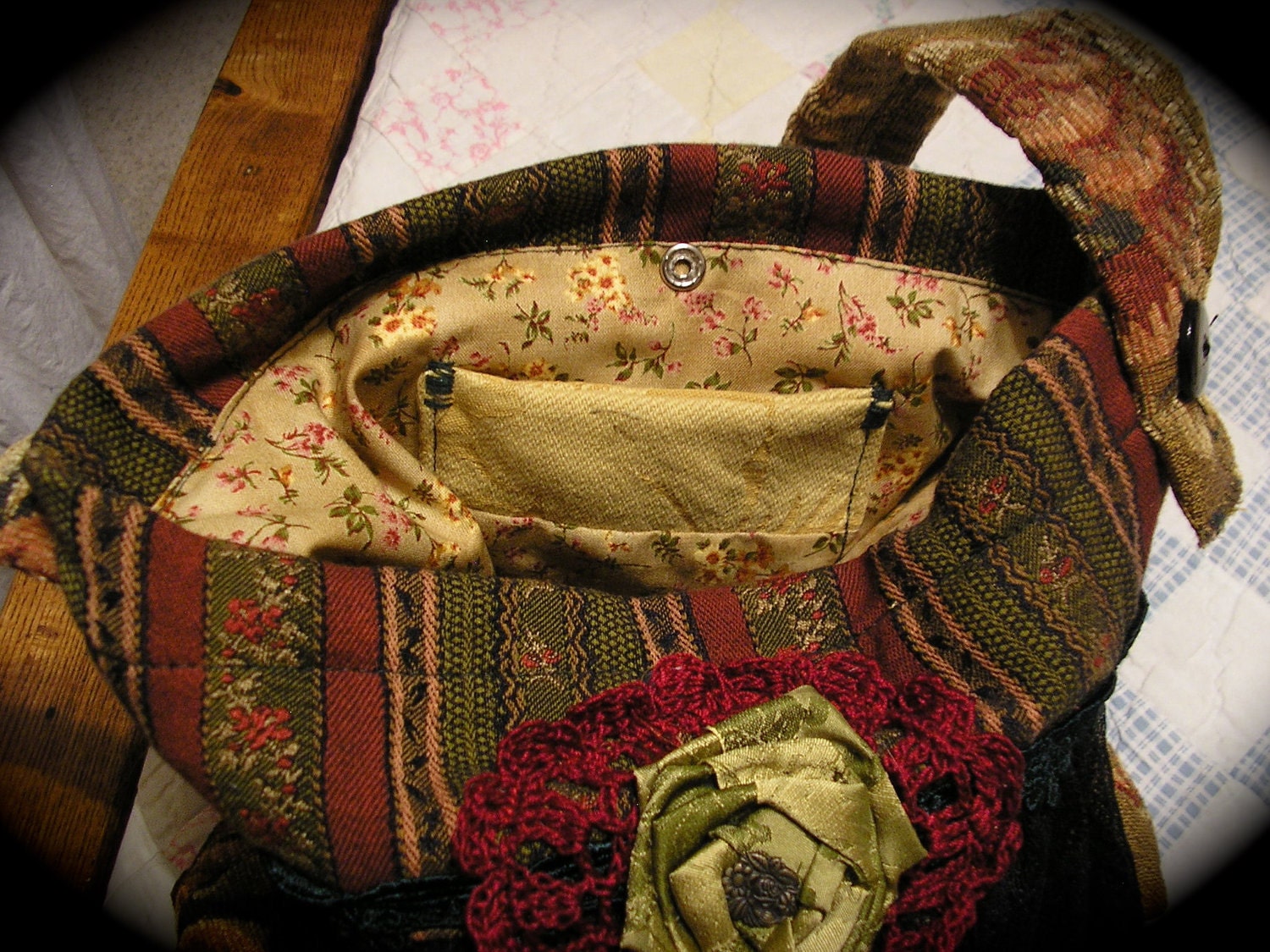 Gypsy Carpet Bag, black ruffled lace, earthy, thick chenille fabric