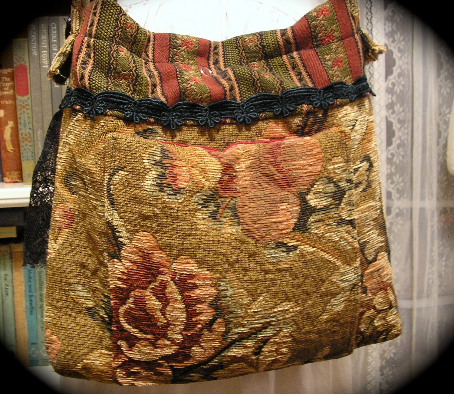 Gypsy Carpet Bag, black ruffled lace, earthy, thick chenille fabric