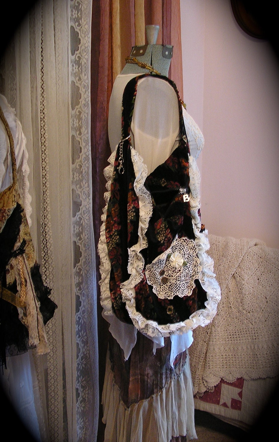 Velvet Hobo Bag, slouchy boho bohemian upcycled vintage black velvet handmade eco friendly shoulder sling sack ruffled lace LARGE