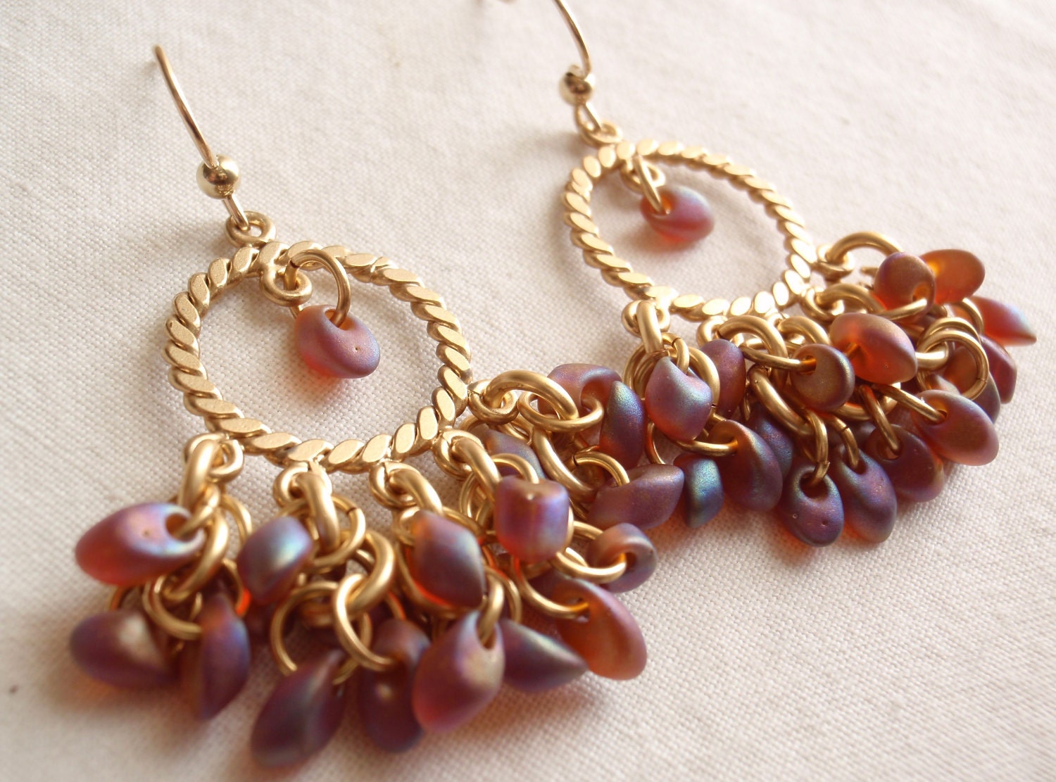 Gold Chandelier Earrings Shaggy Loops Root Beer Magatama Beads Chain Maille
