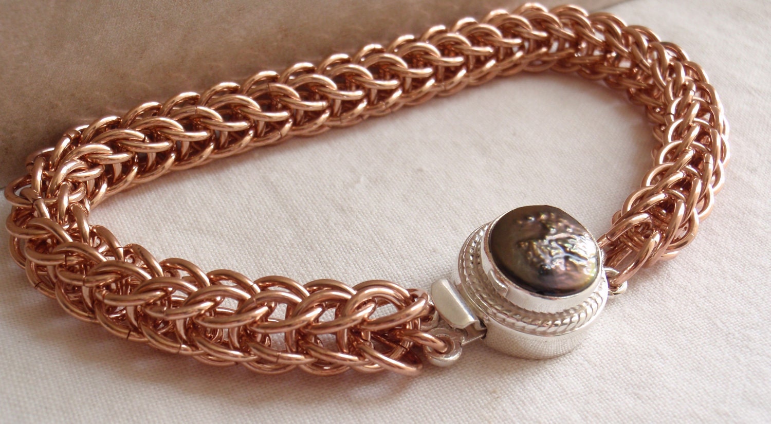 Raw Copper Chain Maille Bracelet Full Persian Sterling Silver Box Clasp Bronze Freshwater Pearl