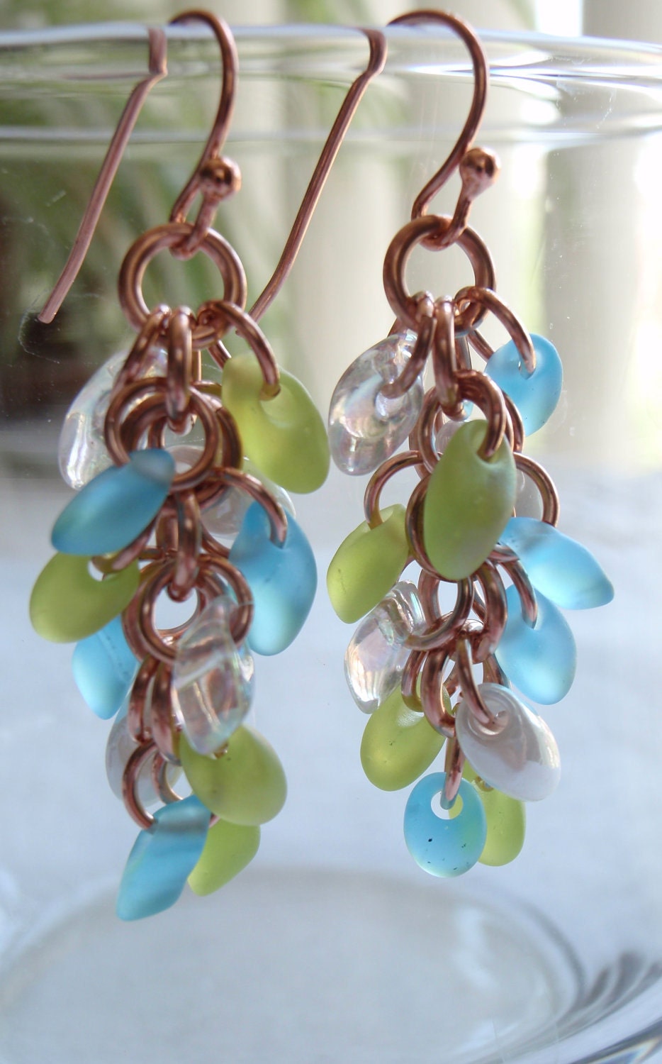 Copper Earrings Sea Glass Colored Chain Maille Shaggy Loops