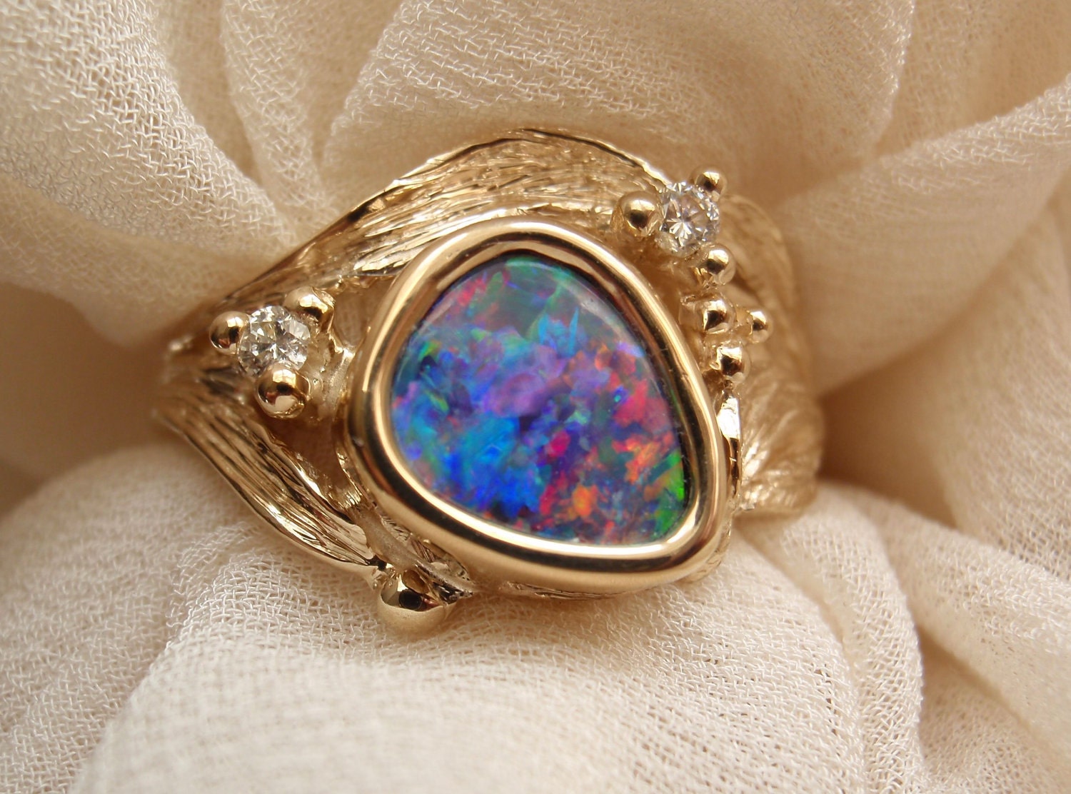 Boulder Opal Ring 14k Yellow Gold Diamond Accents