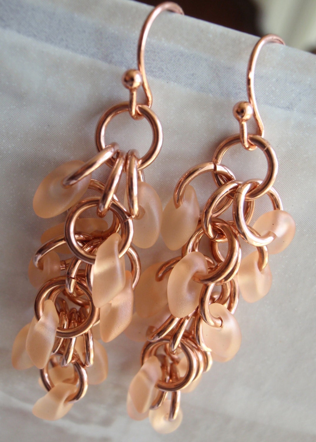 Copper Shaggy Loops Earrings Peach Magatama Beads Chain Maille
