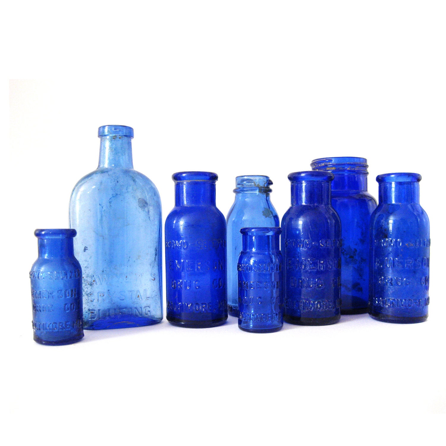 8 antique cobalt blue bottles