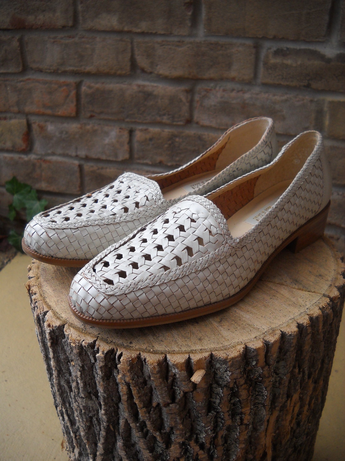 Vintage White Woven Leather Loafer Flats with Braided and Lattice Cut Out Details Size 8M - Ipanema
