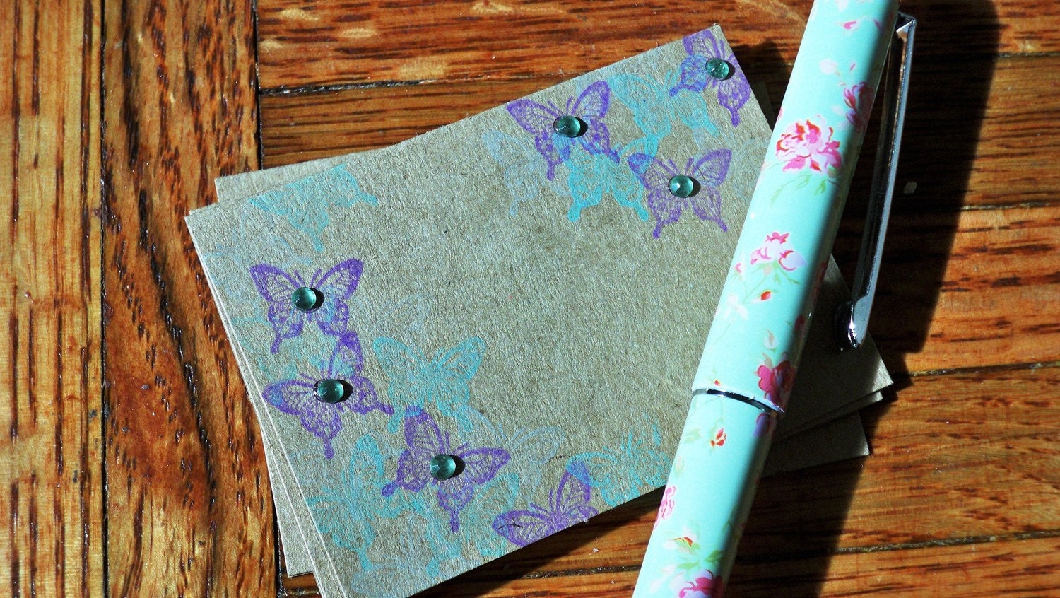 Mini Folded Purple, Celadon and Silver Butterfly Blank Notecards (Set of 5)