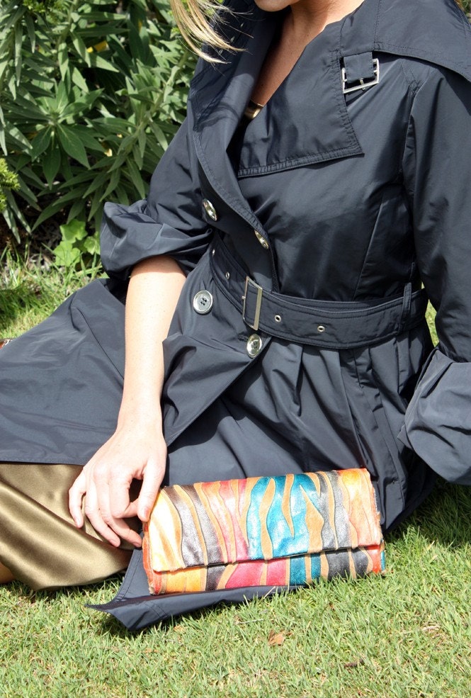 Sale 40% off- Tan Calf Hair on Multi-Color Zebra Stripe Clutch-IN STOCK- Sale