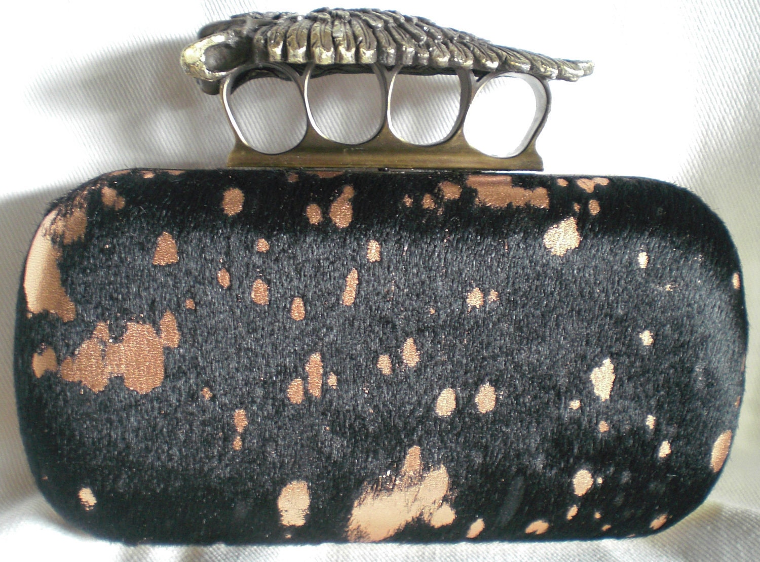 Winged Skull Knuckle Duster- Black Hair Hide with Copper Metallic Spots