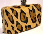 Leopard Hair Hide Clutch- skull clasp- Antique Brass