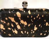 Black Hair Hide w- Copper spots Clutch- Antique Brass skull clasp