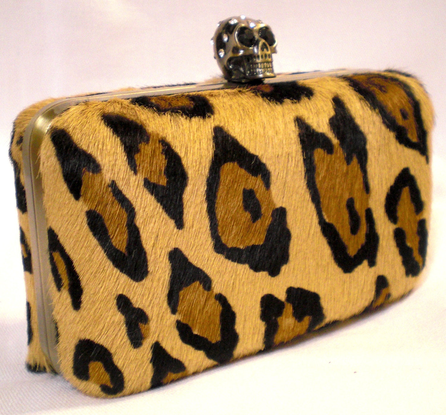 Leopard Hair Hide Clutch- skull clasp- Antique Brass
